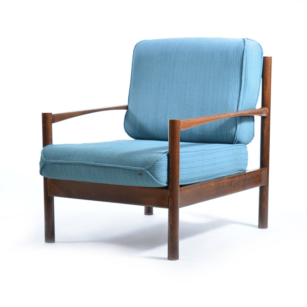 Midcentury Armchair In Teal Fabric And Dark Oak, Czechoslovakia 1960s
